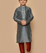 Grey embroidered art silk boys-kurta-pyjama