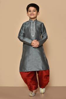 Grey embroidered art silk boys-dhoti-kurta