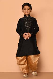 Black embroidered art silk boys-dhoti-kurta