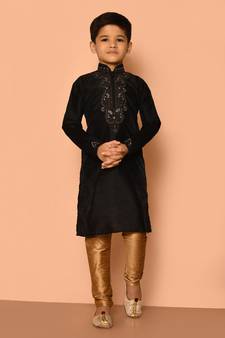 Black embroidered art silk boys-kurta-pyjama