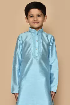 Blue embroidered art silk boys-kurta-pyjama