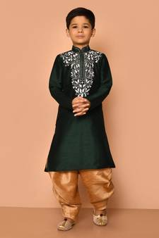 Green embroidered art silk boys-dhoti-kurta