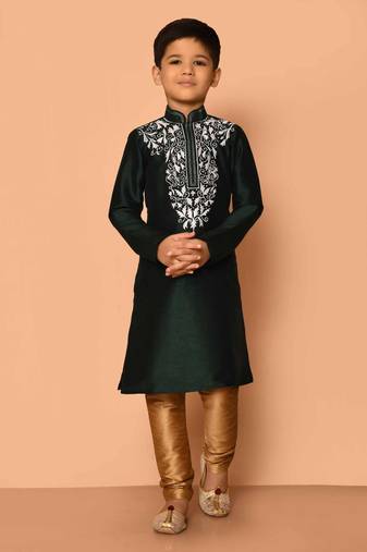 Green embroidered art silk boys-kurta-pyjama