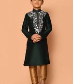 Green embroidered art silk boys-kurta-pyjama