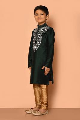 Green embroidered art silk boys-kurta-pyjama 2