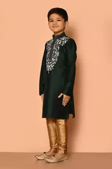 Green embroidered art silk boys-kurta-pyjama