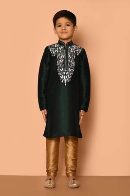 Green embroidered art silk boys-kurta-pyjama 3
