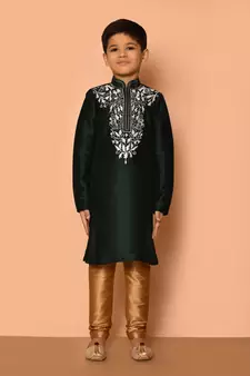 Green embroidered art silk boys-kurta-pyjama