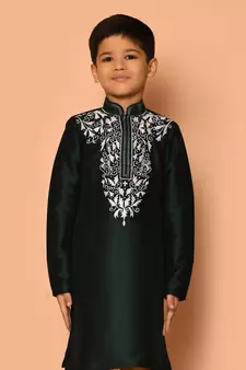 Green embroidered art silk boys-kurta-pyjama