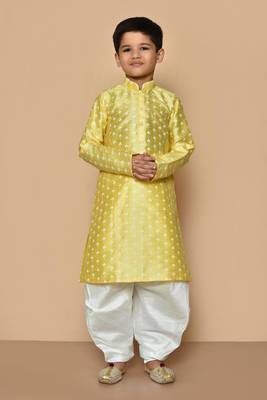 Yellow printed art silk boys-dhoti-kurta 1