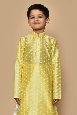 Yellow printed art silk boys-dhoti-kurta 2