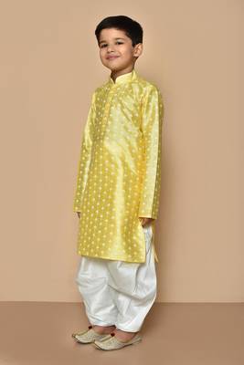 Yellow printed art silk boys-dhoti-kurta 3
