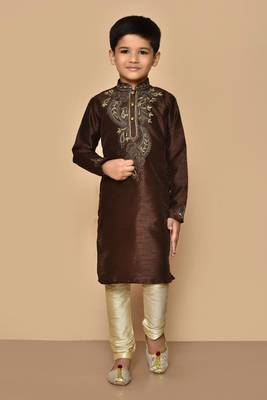 Brown embroidered art silk boys-kurta-pyjama 1