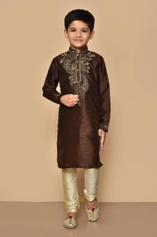 Brown embroidered art silk boys-kurta-pyjama