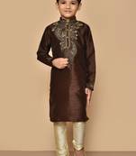 Brown embroidered art silk boys-kurta-pyjama