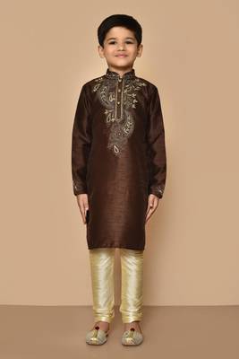Brown embroidered art silk boys-kurta-pyjama 2