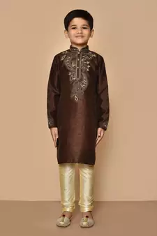 Brown embroidered art silk boys-kurta-pyjama