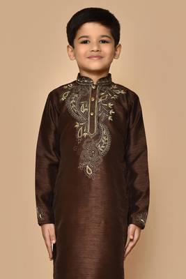 Brown embroidered art silk boys-kurta-pyjama 3