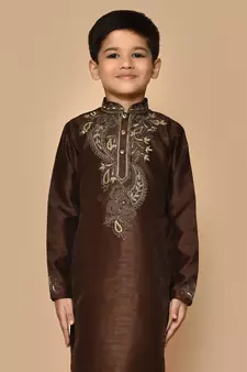 Brown embroidered art silk boys-kurta-pyjama
