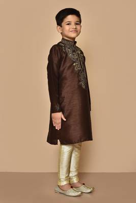 Brown embroidered art silk boys-kurta-pyjama 5