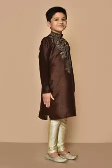 Brown embroidered art silk boys-kurta-pyjama
