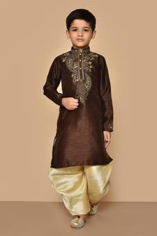 Brown embroidered art silk boys-dhoti-kurta