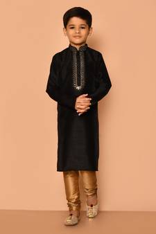 Black embroidered art silk boys-kurta-pyjama