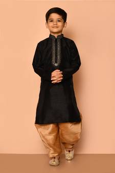 Black embroidered art silk boys-dhoti-kurta