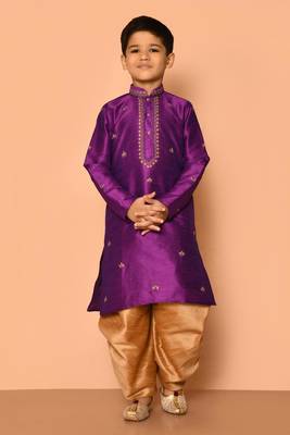 Purple embroidered art silk boys-dhoti-kurta 1