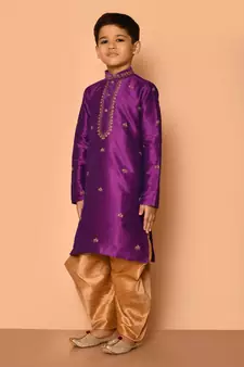 Purple embroidered art silk boys-dhoti-kurta