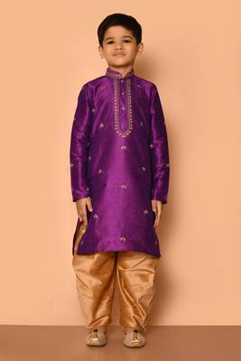 Purple embroidered art silk boys-dhoti-kurta 3