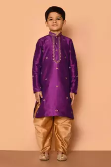 Purple embroidered art silk boys-dhoti-kurta