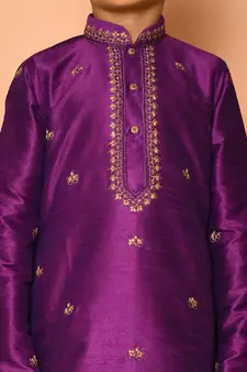 Purple embroidered art silk boys-dhoti-kurta