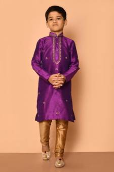 Purple embroidered art silk boys-kurta-pyjama