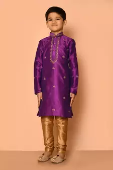 Purple embroidered art silk boys-kurta-pyjama