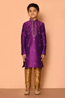 Purple embroidered art silk boys-kurta-pyjama