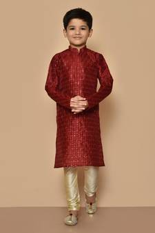 Maroon embroidered art silk boys-kurta-pyjama