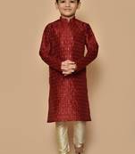 Maroon embroidered art silk boys-kurta-pyjama