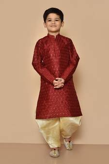 Maroon embroidered art silk boys-dhoti-kurta