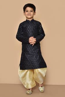 Black embroidered art silk boys-dhoti-kurta