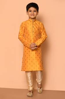 Yellow printed art silk boys-kurta-pyjama