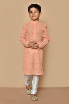 Beige plain silk boys-kurta-pyjama