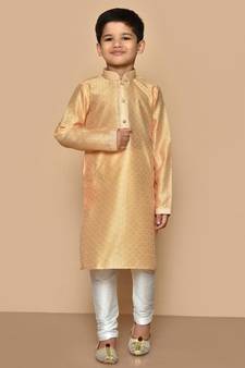 Beige plain art silk boys-kurta-pyjama