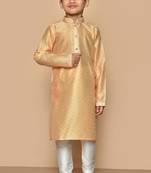 Beige plain art silk boys-kurta-pyjama