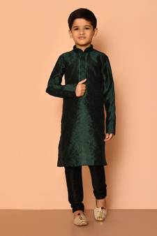 Green plain art silk boys-kurta-pyjama