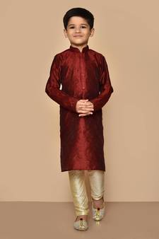 Maroon plain art silk boys-kurta-pyjama
