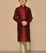 Maroon plain art silk boys-kurta-pyjama