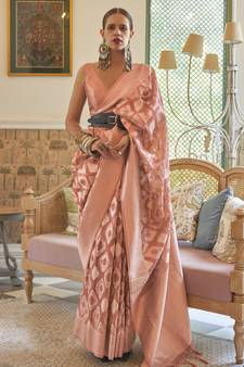 Peach Woven Silk Blend Saree With Blouse