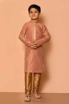 Beige plain art silk boys-kurta-pyjama