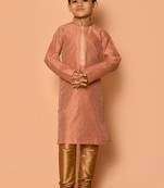 Beige plain art silk boys-kurta-pyjama